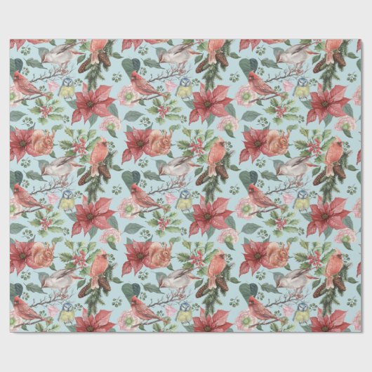 Klassieke Rode Poinsettia Kardinaalvogels Kerst  Cadeaupapier (Vlak)