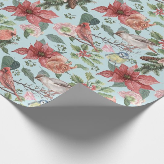 Klassieke Rode Poinsettia Kardinaalvogels Kerst  Cadeaupapier (Hoek)