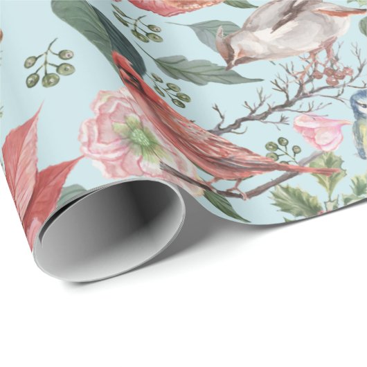 Klassieke Rode Poinsettia Kardinaalvogels Kerst  Cadeaupapier (Rol Hoek)