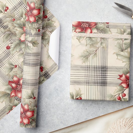 Klassieke Rode Poinsettia Tartan Kerstmis Cadeaupapier