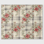 Klassieke Rode Poinsettia Tartan Kerstmis Cadeaupapier (Vlak)