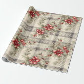 Klassieke Rode Poinsettia Tartan Kerstmis Cadeaupapier (Uitgerold)
