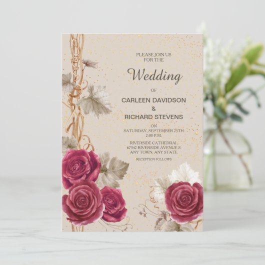 Klassieke rode roze en uitnodiging tot weddenschap (Staand voorkant)