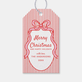 Klassieke rode roze strepen en strikframe Kerstmis Cadeaulabel