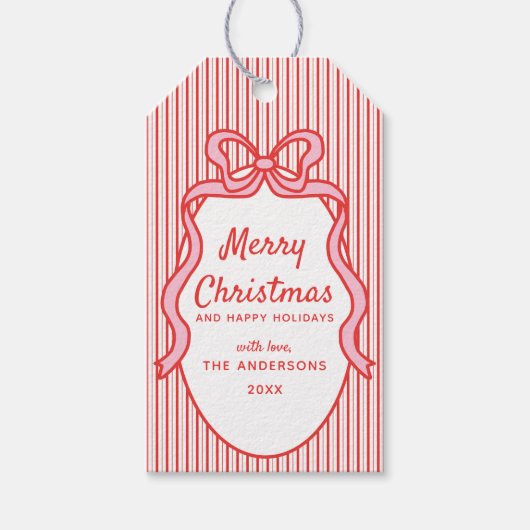 Klassieke rode roze strepen en strikframe Kerstmis Cadeaulabel (Voorkant)