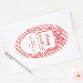 Klassieke rode roze strepen en strikframe Kerstmis Ovale Sticker