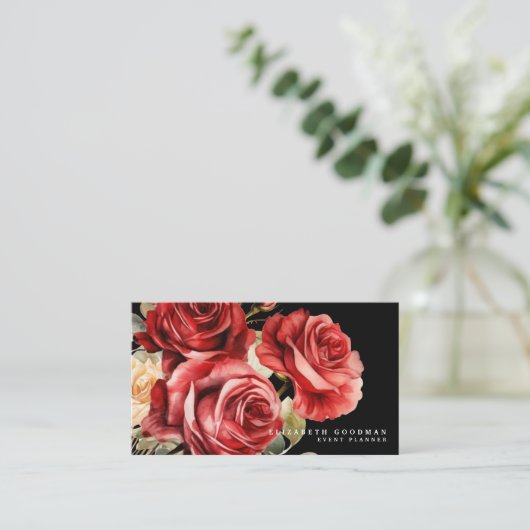Klassieke rode rozen zwarte Visitekaartjes (Staand voorkant)
