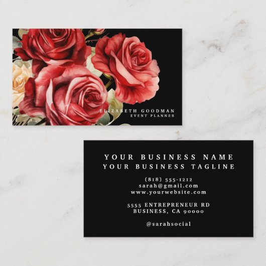 Klassieke rode rozen zwarte Visitekaartjes (Voorkant / Achterkant)
