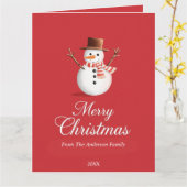 Klassieke Rode Sneeuwman Familie Kerstmis Kaart (Gele Bloem)
