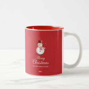 Klassieke Rode Sneeuwman Familie Kerstmis Tweekleurige Koffiemok