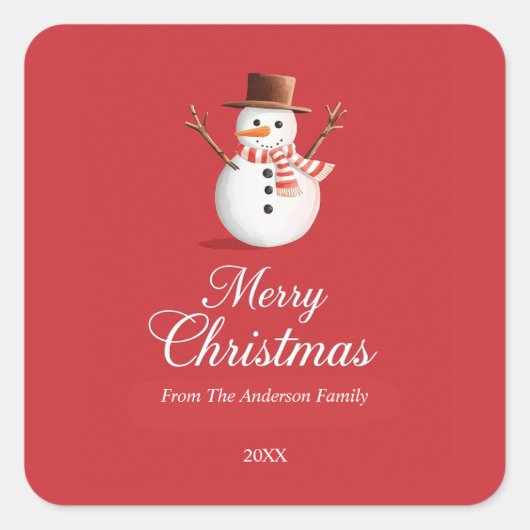 Klassieke Rode Sneeuwman Familie Kerstmis Vierkante Sticker (Voorkant)