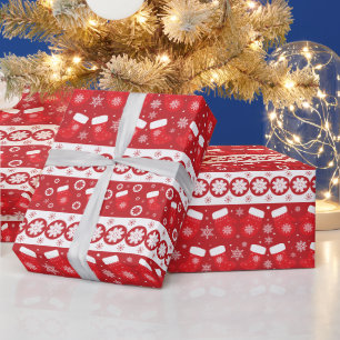 Klassieke rode strepen en winterhandschoenen sneeu cadeaupapier
