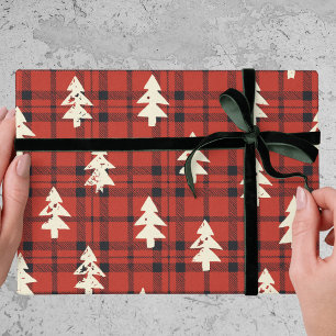 Klassieke rode tartan geruite kerst dennenbomen cadeaupapier