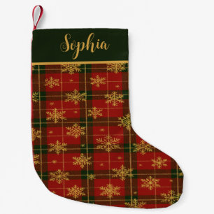 Klassieke rode tartan met gouden sneeuwvlokken kleine kerstsok