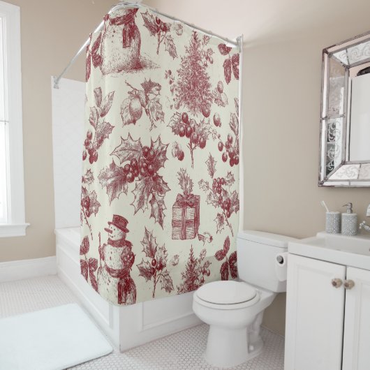 Klassieke rode toile Kerstmis botanisch - Hulst Douchegordijn (In situ)