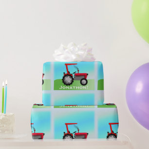 Klassieke rode tractor "Happy Birthday, naam" Cadeaupapier