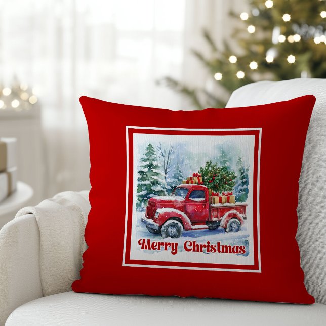 Klassieke rode vrachtwagen Kerst scène rustische f Kussen (Bring timeless holiday charm into your home with this beautifully illustrated watercolor Christmas r)