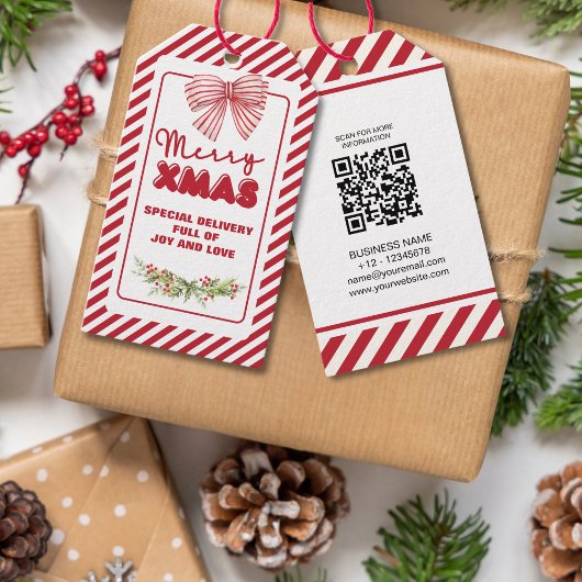 Klassieke Rode Witte Bloembessen Xmas Cadeaulabel
