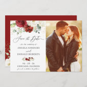 Klassieke rode witte Floral Gold Confetti bruiloft Save The Date (Voorkant / Achterkant)