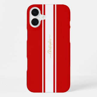 Klassieke rode witte racingstrepen gouden monogram iPhone 16 plus hoesje