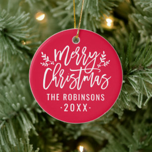 Klassieke Rode Witte Script Prettig Kerstmis Foto Keramisch Ornament