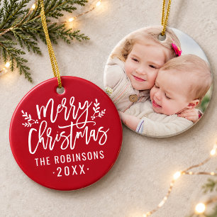 Klassieke Rode Witte Script Prettig Kerstmis Foto Keramisch Ornament