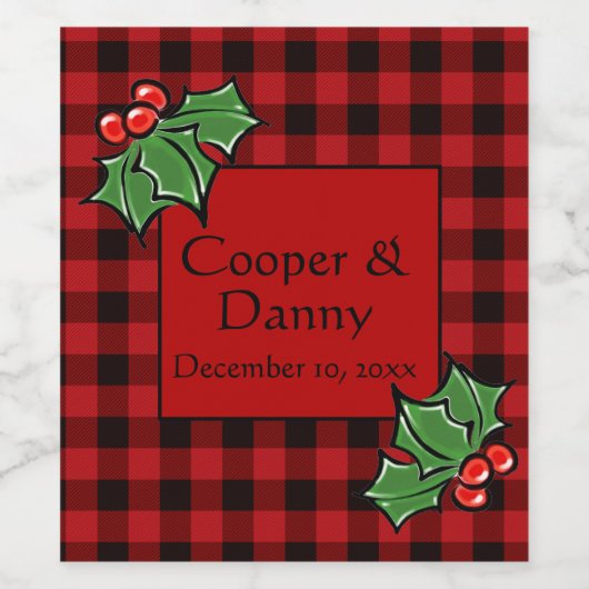 Klassieke rode zwarte plaid kerst hulst wijn etiket (Enkel label)