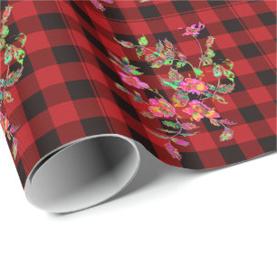 Klassieke rode zwarte plaid met  rozen cadeaupapier
