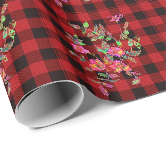 Klassieke rode zwarte plaid met  rozen cadeaupapier (Rol Hoek)
