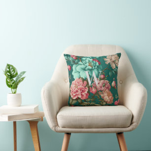 Klassieke Romantische Blauwgroen en Roze Florale m Kussen