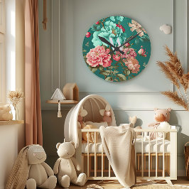 Klassieke Romantische Blauwgroen en Roze Florale m Ronde Klok