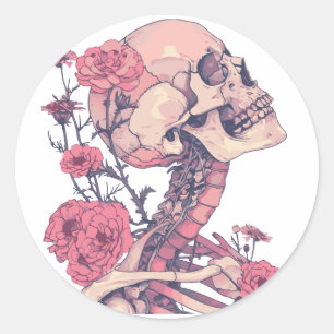 Klassieke Ronde Stickers. Skelet met bloemen. Pin Sticker