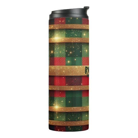 Klassieke rood en groen geplakt sprankelende goude thermosbeker (Gedraaid links)