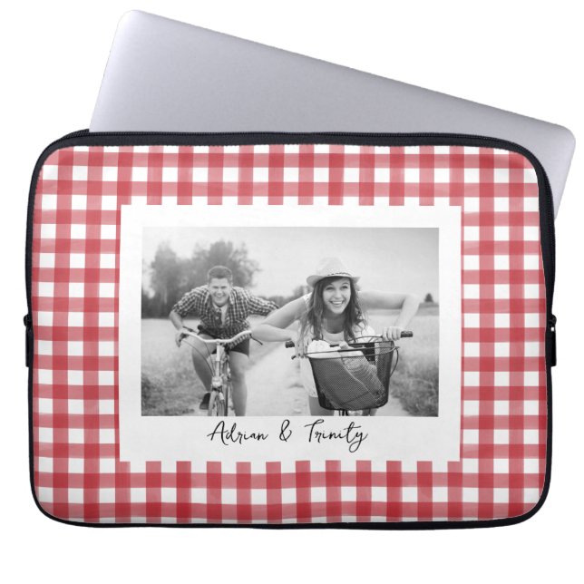Klassieke Rood en Wit Gingham Plaid Aangepaste Fot Laptop Sleeve (Voorkant)