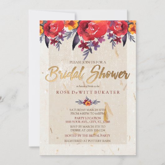 Klassieke Rood & Goud Bloemen Bruids Douche Uitnod Kaart (Voorkant)