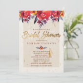 Klassieke Rood & Goud Bloemen Bruids Douche Uitnod Kaart (Staand voorkant)