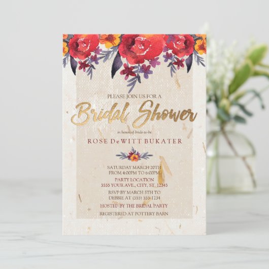Klassieke Rood & Goud Bloemen Bruids Douche Uitnod Kaart (Staand voorkant)