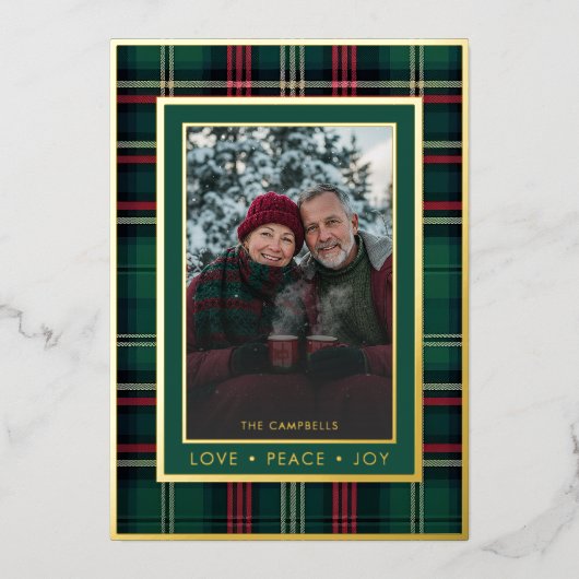 Klassieke rood groen geplakt liefde vrede vreugde  folie feestdagenkaart (Voorkant)