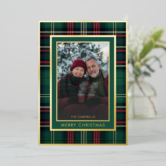 Klassieke rood groen geplakt vrolijke kerstfoto folie feestdagenkaart (Staand Voorkant)