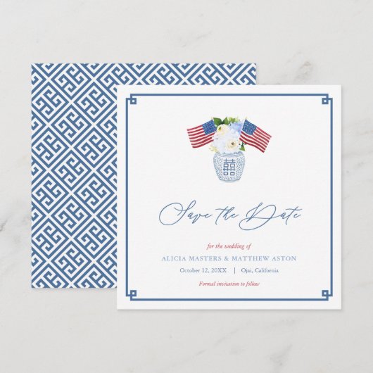 Klassieke Rood Wit Blauw USA Vlag Ginger Pot Trouw Save The Date (Voorkant / Achterkant)