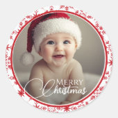 Klassieke Rood-Wit Vrolijk Kerstfoto Classi Ronde Sticker (Voorkant)
