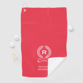 Klassieke Rood-Witte Monogram Naam Krans Aangepast Golfhanddoek (Insitu)