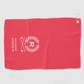Klassieke Rood-Witte Monogram Naam Krans Aangepast Golfhanddoek (Horizontaal)