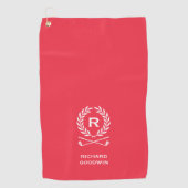 Klassieke Rood-Witte Monogram Naam Krans Aangepast Golfhanddoek (Voorkant)