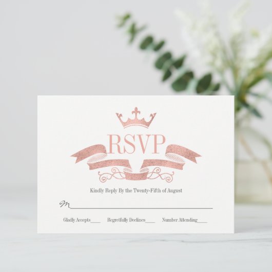 Klassieke Roos Gold Crest Wedding RSVP Kaart (Staand voorkant)