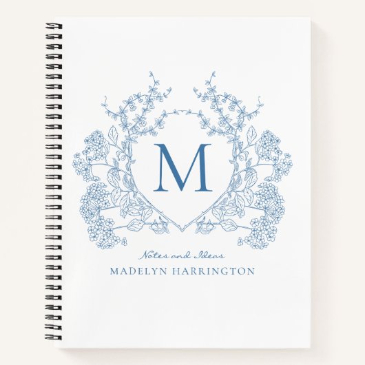Klassieke Royal Blue Floral Crest Monogram Journal Notitieboek (Voorkant)