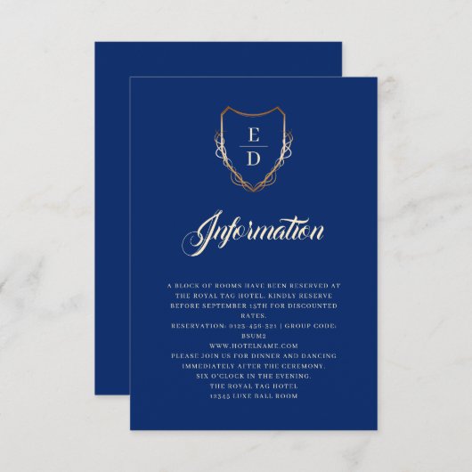 Klassieke Royal Blue Gouden Monogram Luxe Informatiekaartje (Voorkant / Achterkant)
