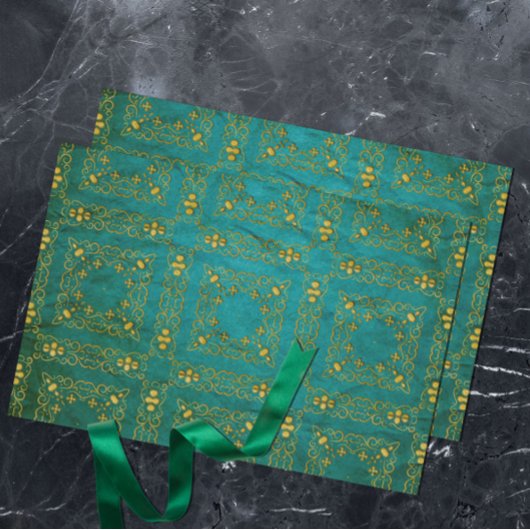 Klassieke Royal Gold Damask Brocade op Blauwgroen Tissuepapier