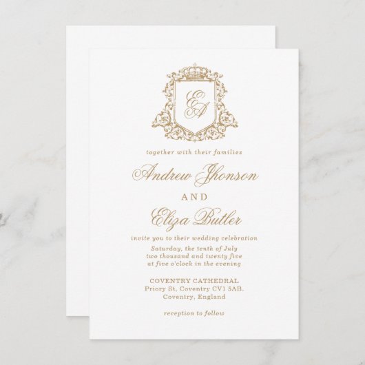 Klassieke Royal Gold Monogram bruiloft uitnodiging (Voorkant / Achterkant)