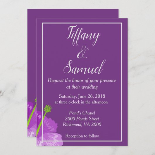 Klassieke Royal Paars Floral Wedding Kaart (Voorkant / Achterkant)